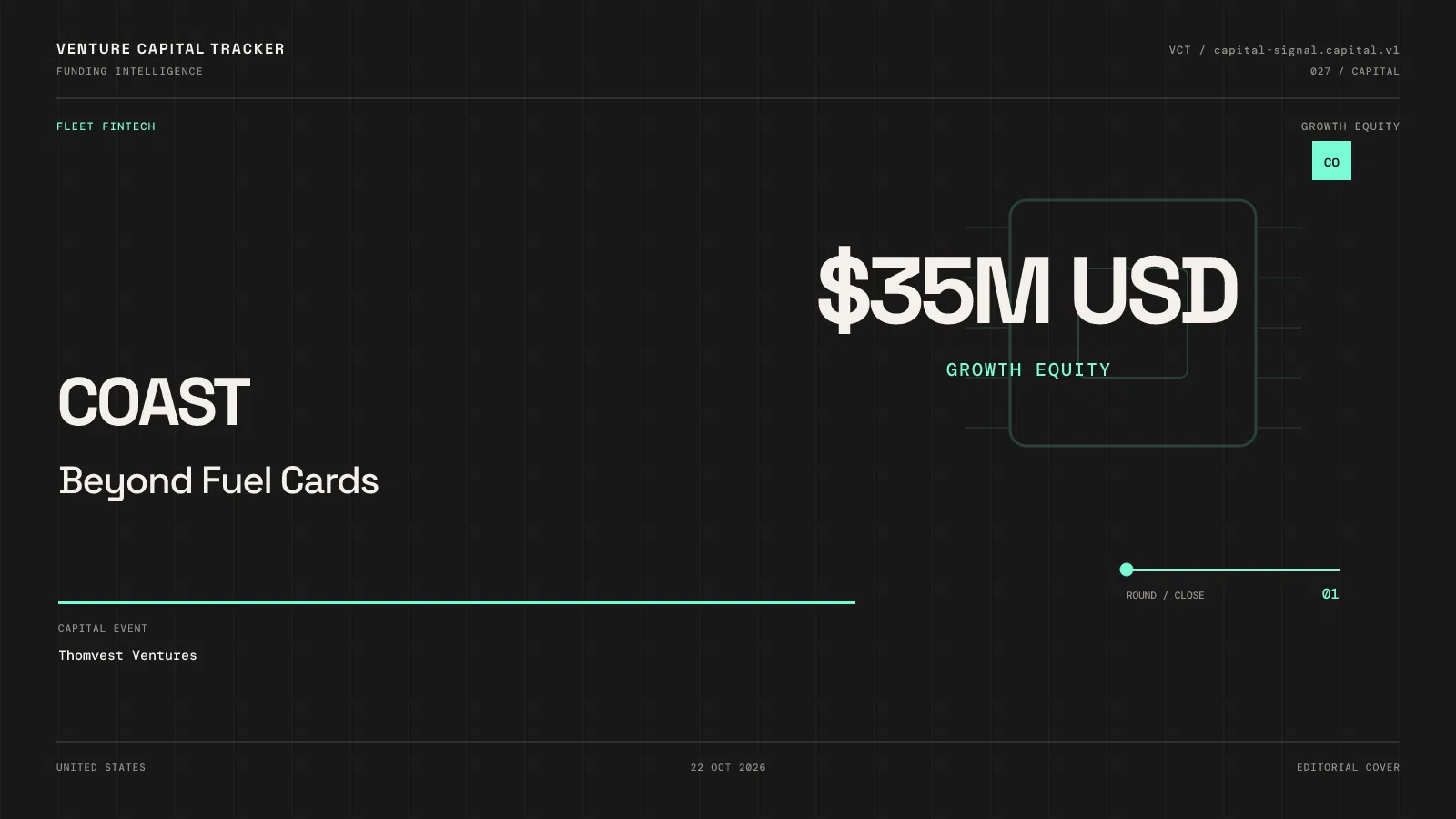 Coast $35M growth-equity funding cover with dark background and mint financial typography.