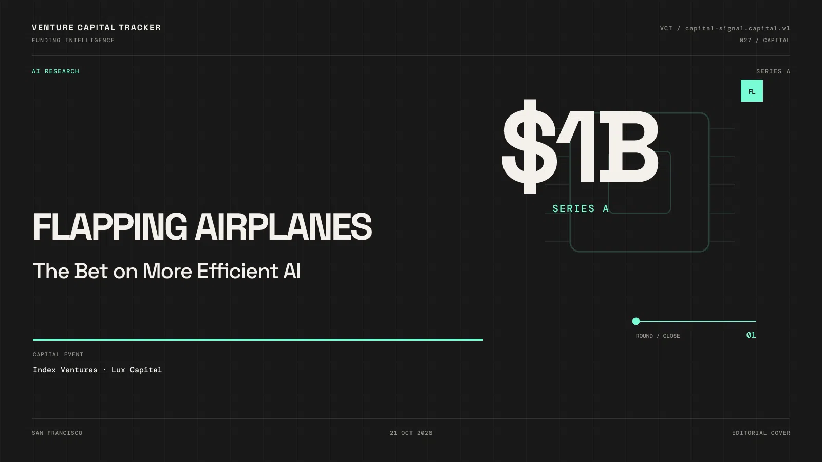 Flapping Airplanes $1B Series A cover with a dark background and mint funding typography.