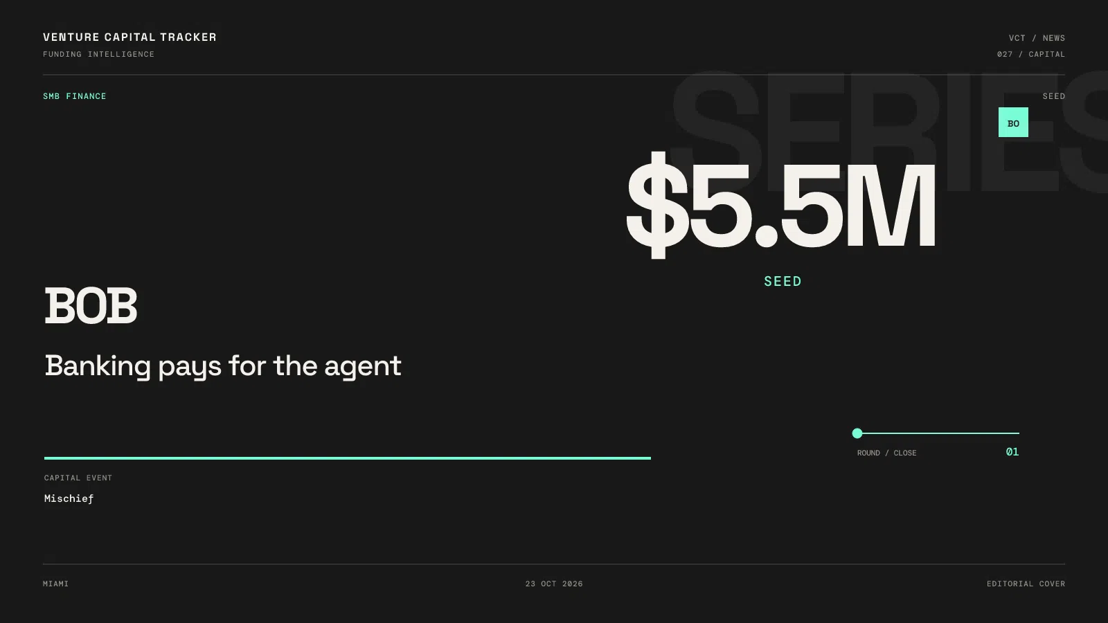 BOB $5.5M seed funding led by Mischief, announced October 23, 2026.