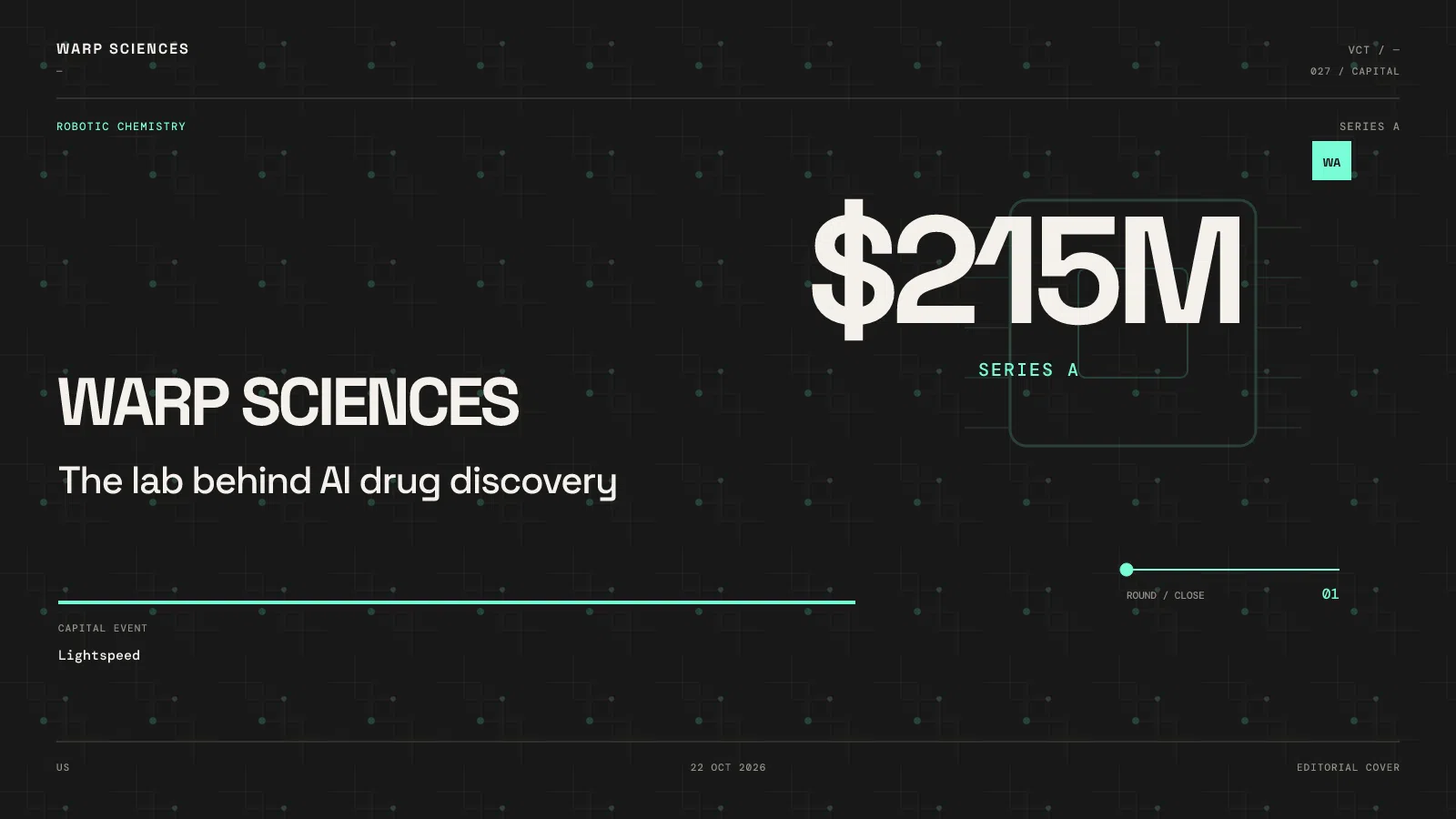 Warp Sciences $215M Series A cover with mint funding typography on a dark background.