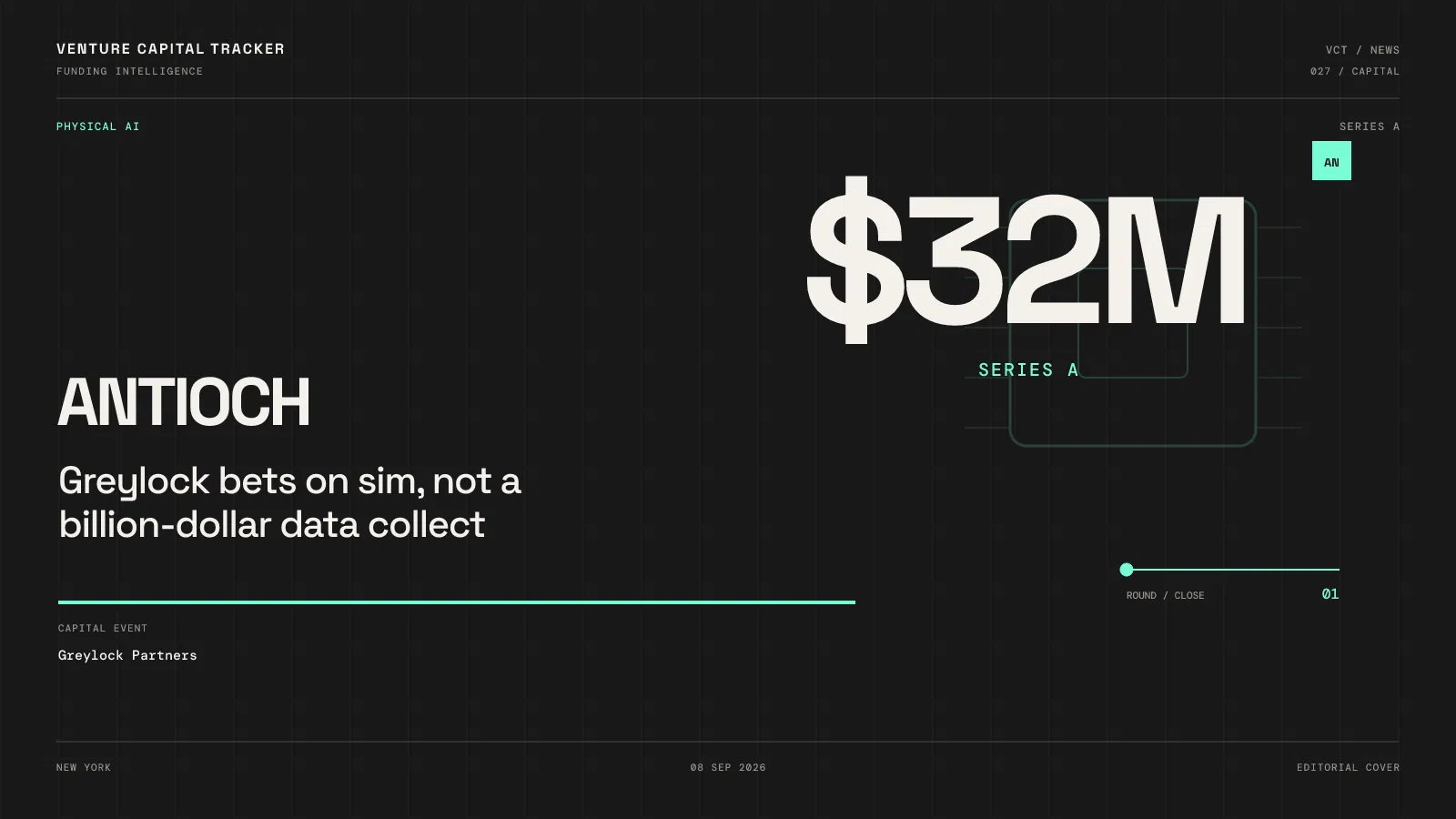 Cover for Antioch $32M Series A led by Greylock — physical AI sim