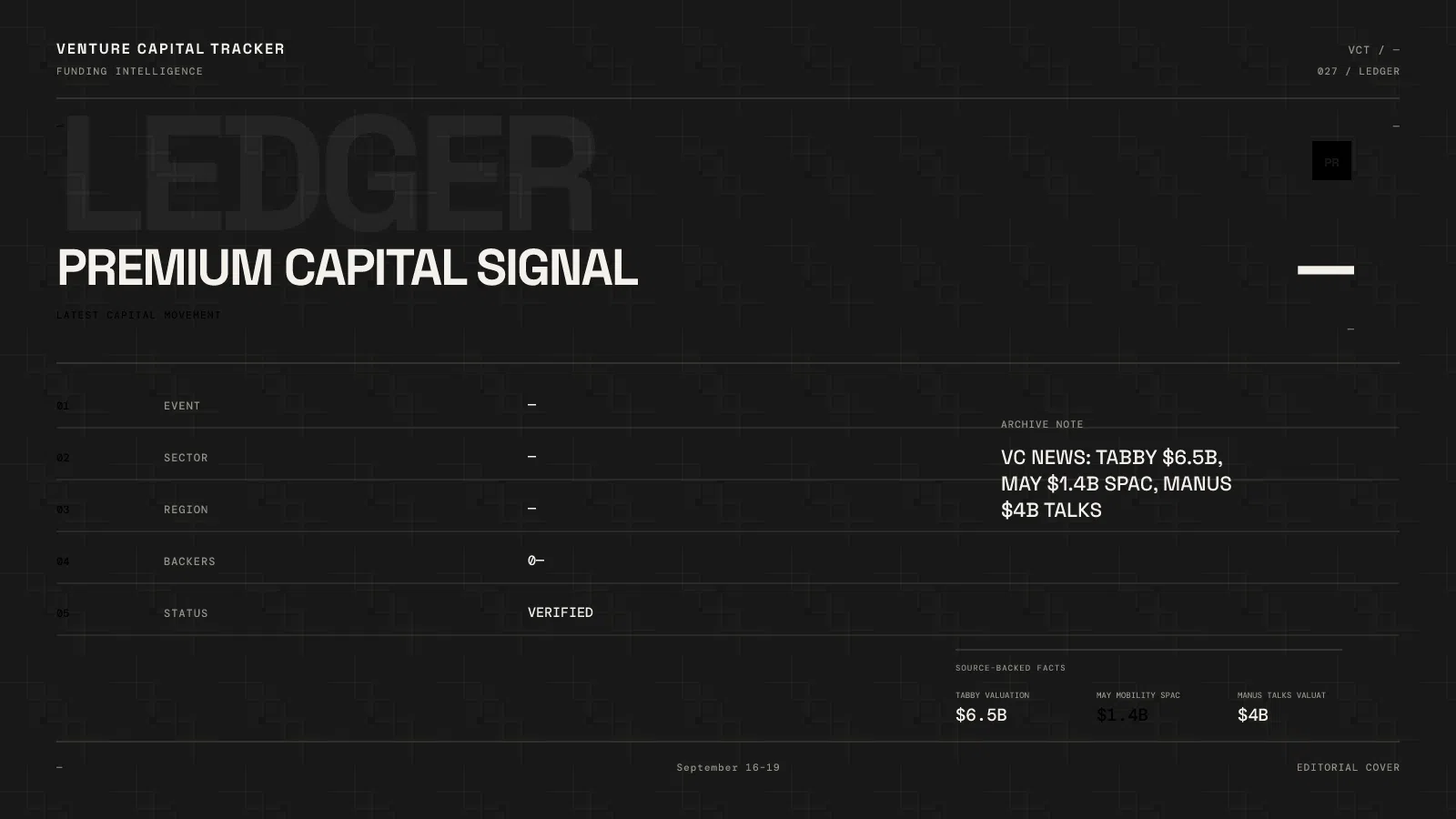 September 16–19 VC News: Tabby $6.5B, May $1.4B SPAC, Manus $4B Talks